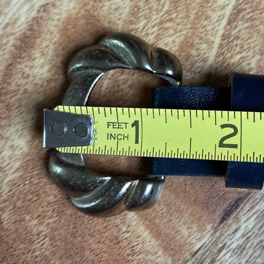 Vintage Navy Blue Leather Belt Gold Scalloped Buckle Medium Large Nautical
